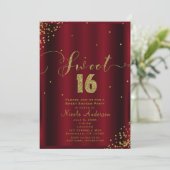 Invitation SWEET 16 Seize Coins Confetti Rouge & Or (Debout devant)