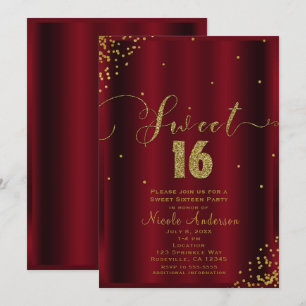 Invitation SWEET 16 Seize Coins Confetti Rouge & Or
