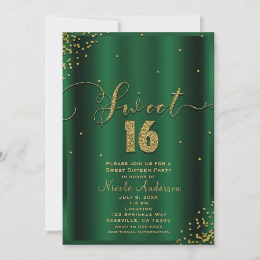 Invitation SWEET 16 Seize coins Emerald & Gold Confetti (Devant)