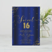 Invitation SWEET 16 Seize Coins Royaux Bleu Or Confettis (Debout devant)