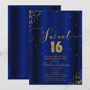 Invitation SWEET 16 Seize Coins Royaux Bleu Or Confettis