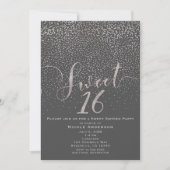 Invitation SWEET 16 Seize Confetti gris argent moderne (Devant)