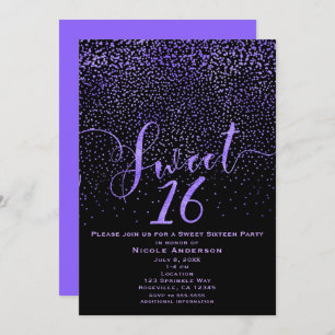 Invitation SWEET 16 Seize Confetti moderne violet et noir