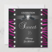 Invitation Sweet 16 Seize Cravate noire rose blanc Zèbre (Devant)