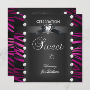 Invitation Sweet 16 Seize Cravate noire rose blanc Zèbre