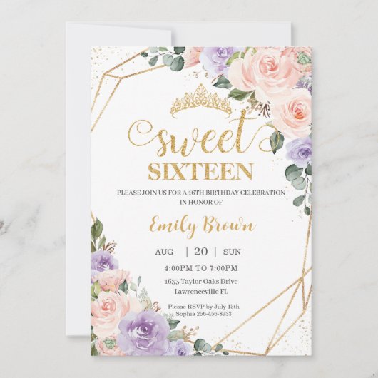 Invitation Sweet 16 Seize Lilac Blush Or Floral Anniversaire (Devant)