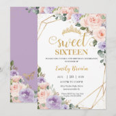 Invitation Sweet 16 Seize Lilac Blush Or Floral Anniversaire (Devant / Derrière)