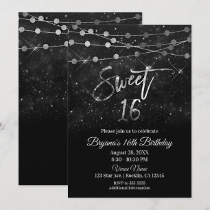 Invitation Sweet 16 Seize Lumières Noires et Argentées Brilla