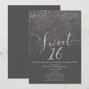 Invitation SWEET 16 Seize Moderne Confettis Gris Argent