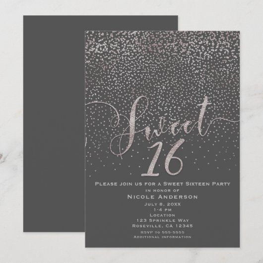 Invitation SWEET 16 Seize Moderne Confettis Gris Argent (Devant / Derrière)