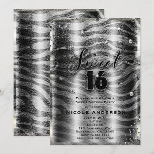 Invitation SWEET 16 Seize Noir Blanc Zèbre & Bling Argenté