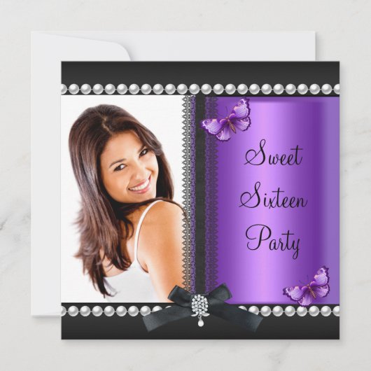 Invitation Sweet 16 Seize Papillon noir violet (Devant)