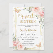 Invitation Sweet 16 Seize Papillons Floraux Rose-Brut (Devant)