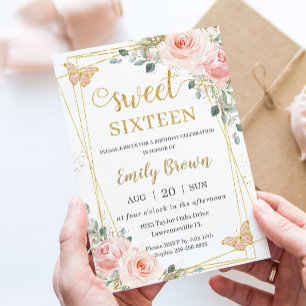 Invitation Sweet 16 Seize Papillons Floraux Rose-Brut