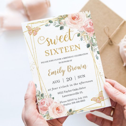 Invitation Sweet 16 Seize Papillons Floraux Rose-Brut
