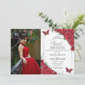 Invitation Sweet 16 Seize Papillons Roses Rouges Argent Photo (Debout devant)