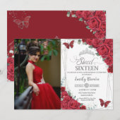 Invitation Sweet 16 Seize Papillons Roses Rouges Argent Photo (Devant / Derrière)