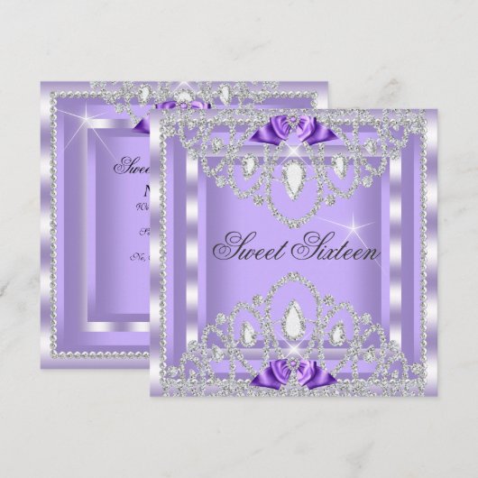 Invitation Sweet 16 Seize Purple Silver Diamond Party 3I (Devant / Derrière)