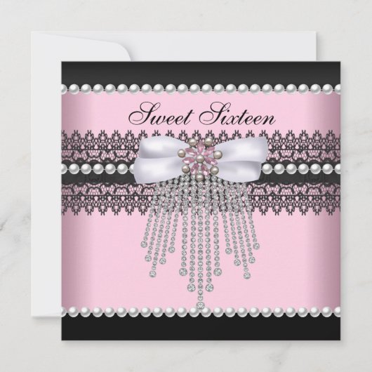 Invitation Sweet 16 Seize Rose Black Pearl Lace Diamond (Devant)