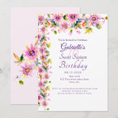 Invitation Sweet 16 Seize Rose Floral fête d'anniversaire (Devant / Derrière)