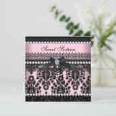 Invitation Sweet 16 Seize rose noir perle dentelle Damask (Debout devant)