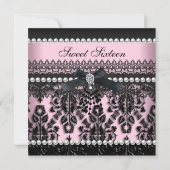Invitation Sweet 16 Seize rose noir perle dentelle Damask (Devant)