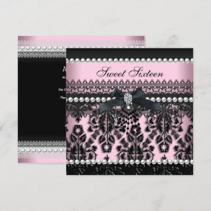 Invitation Sweet 16 Seize Rose Noir Perle Dentelle Damassé