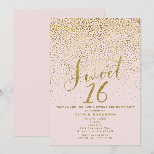 Invitation SWEET 16 Seize Rose Pâle & Confettis Dorés (Devant / Derrière)