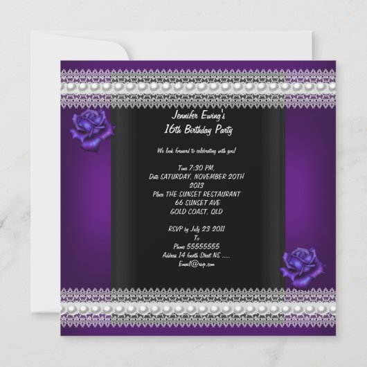 Invitation Sweet 16 Seize Rose pourpre Black Pearl (Dos)