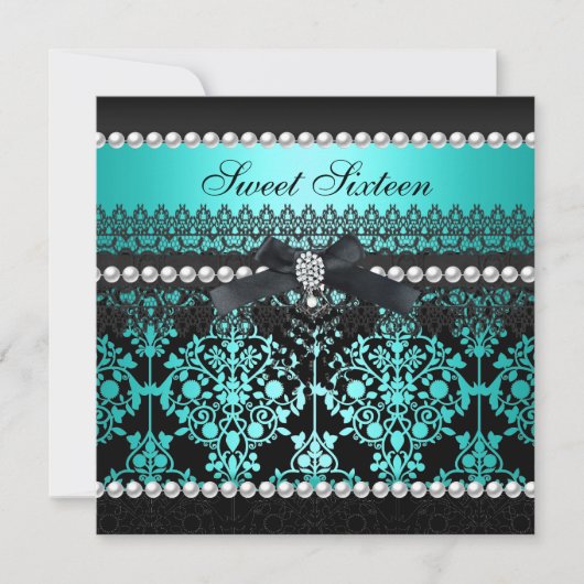Invitation Sweet 16 Seize Turquoise Black Pearl Lace Damask (Devant)