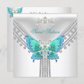 Invitation Sweet 16 Seize Turquoise Bleu Bleu Blancs Papillon