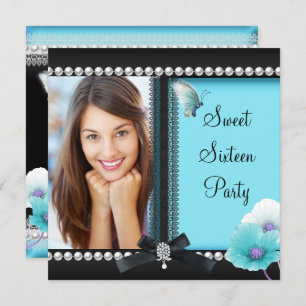 Invitation Sweet 16 Seize Turquoise Bleu Papillon noir
