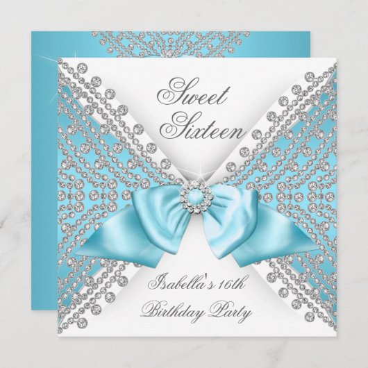 Invitation Sweet 16 Seize Turquoise Blue White Diamond Party (Devant / Derrière)