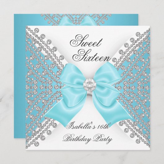 Invitation Sweet 16 Seize Turquoise Blue White Diamond Party (Devant / Derrière)