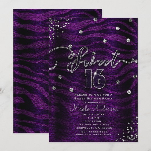 Invitation SWEET 16 Seize Zèbre Violet & Bling Argent (Devant / Derrière)