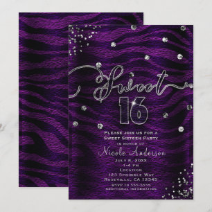 Invitation SWEET 16 Seize Zèbre Violet & Bling Argent