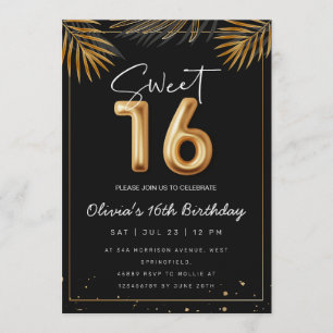 Invitation Sweet 16 Seizième Avec Feuilles Tropicales Dorées