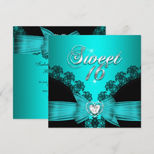 Invitation Sweet 16 Seteen Aqua Blue Black Lace (Devant / Derrière)
