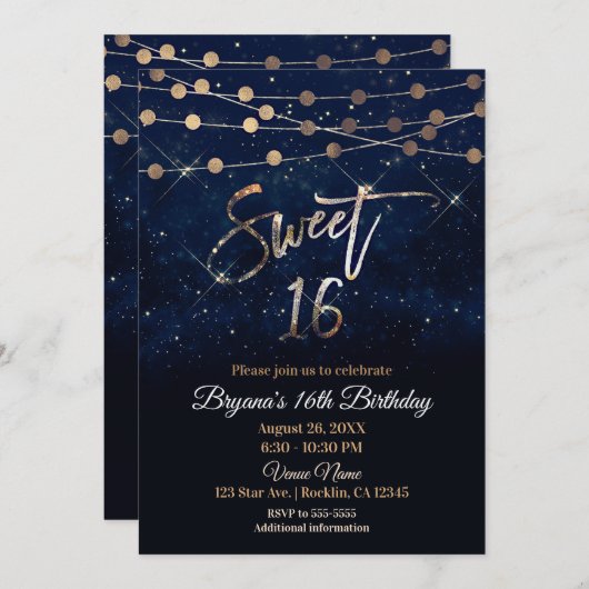 Invitation Sweet 16 Seteen Bleu et or éclat (Devant / Derrière)