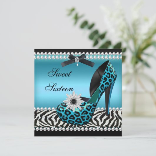 Invitation Sweet 16 Seteen Blue Black Zebra Leopard (Debout devant)