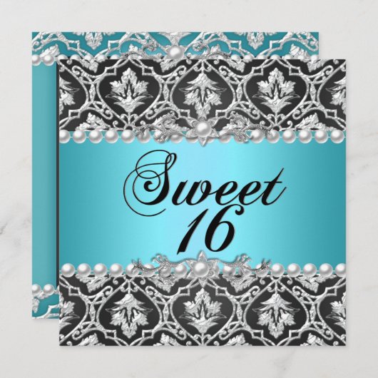 Invitation Sweet 16 Seteen Blue Turquoise Aqua Black Silver (Devant / Derrière)