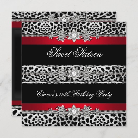 Invitation Sweet 16 Seteen Leopard Red Black Diamond (Devant / Derrière)