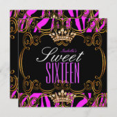 Invitation Sweet 16 Seteen Party Hot rose Bronze Tiara Zebra (Devant / Derrière)
