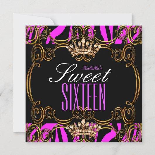 Invitation Sweet 16 Seteen Party Hot rose Bronze Tiara Zebra (Devant)