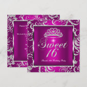 Invitation Sweet 16 Seteen Party Plum rose Damask Argent (Devant / Derrière)