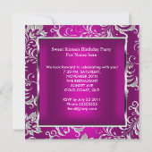 Invitation Sweet 16 Seteen Party Plum rose Damask Argent (Dos)