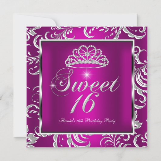 Invitation Sweet 16 Seteen Party Plum rose Damask Argent (Devant)