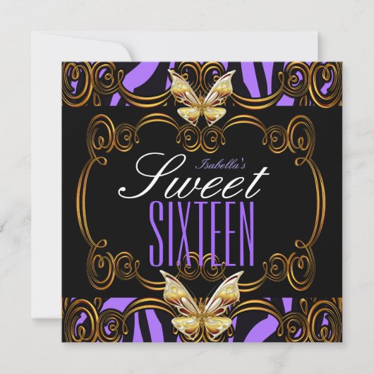 Invitation Sweet 16 Seteen Party Purple Gold Black Zebra (Devant)