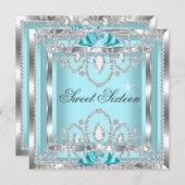 Invitation Sweet 16 Seteen Turquoise Blue Silver Diamond Part (Devant / Derrière)