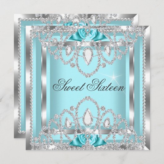 Invitation Sweet 16 Seteen Turquoise Blue Silver Diamond Part (Devant / Derrière)
